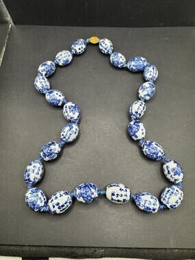 Vintage Chinese Blue and White Porcelain Hand Knotted Oval Bead Necklace